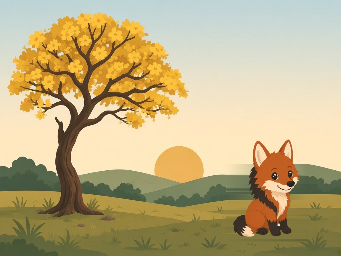 Ilustração do guará sentado diante de um ipê-amarelo florido, com o sol se pondo atrás dos morros do Cerrado.