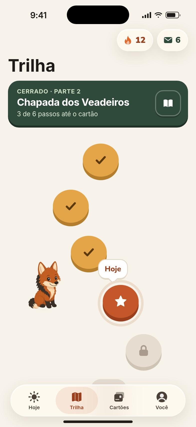 Tela Trilha do app: três passos já percorridos rumo à Chapada dos Veadeiros, no Cerrado.